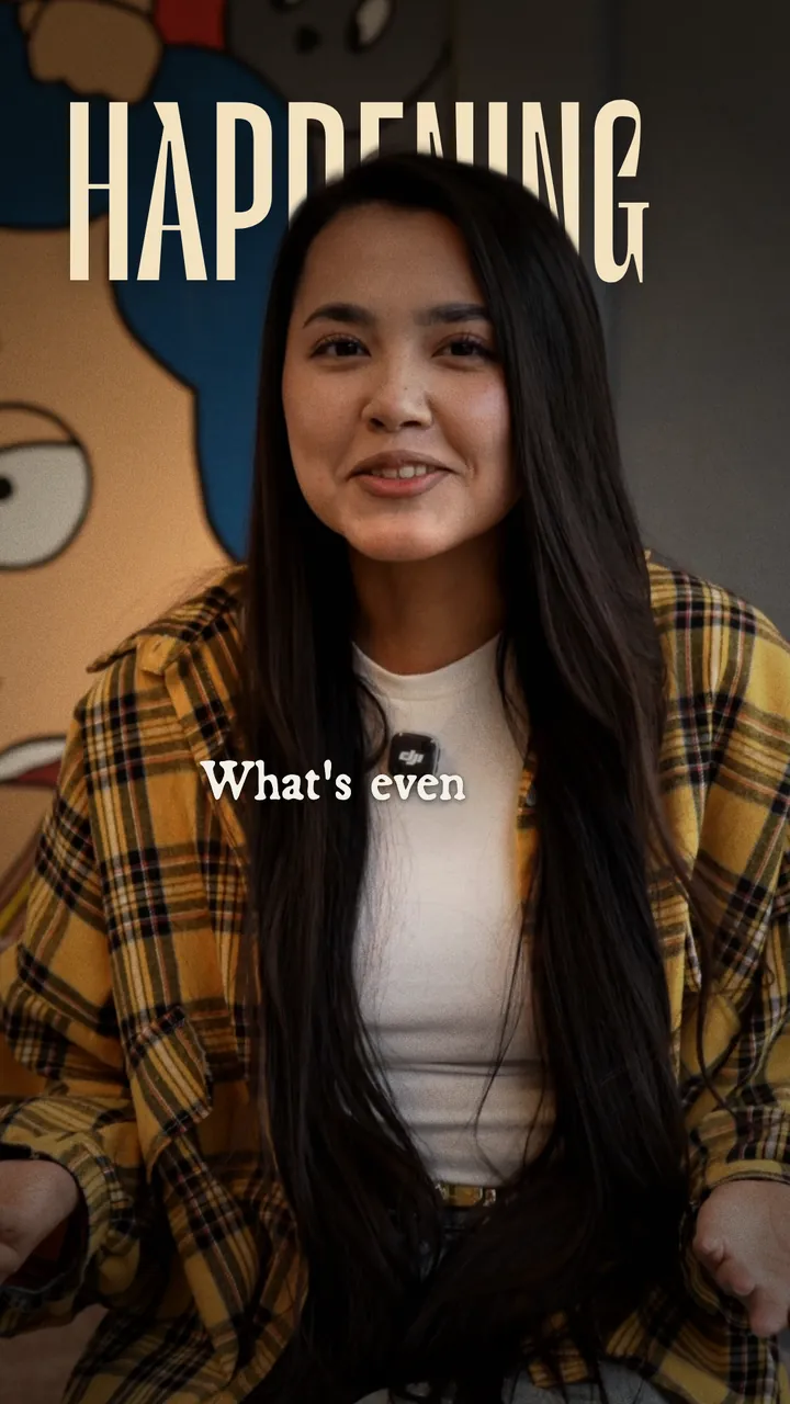 The same frame after editing: a big word behind the head and captions